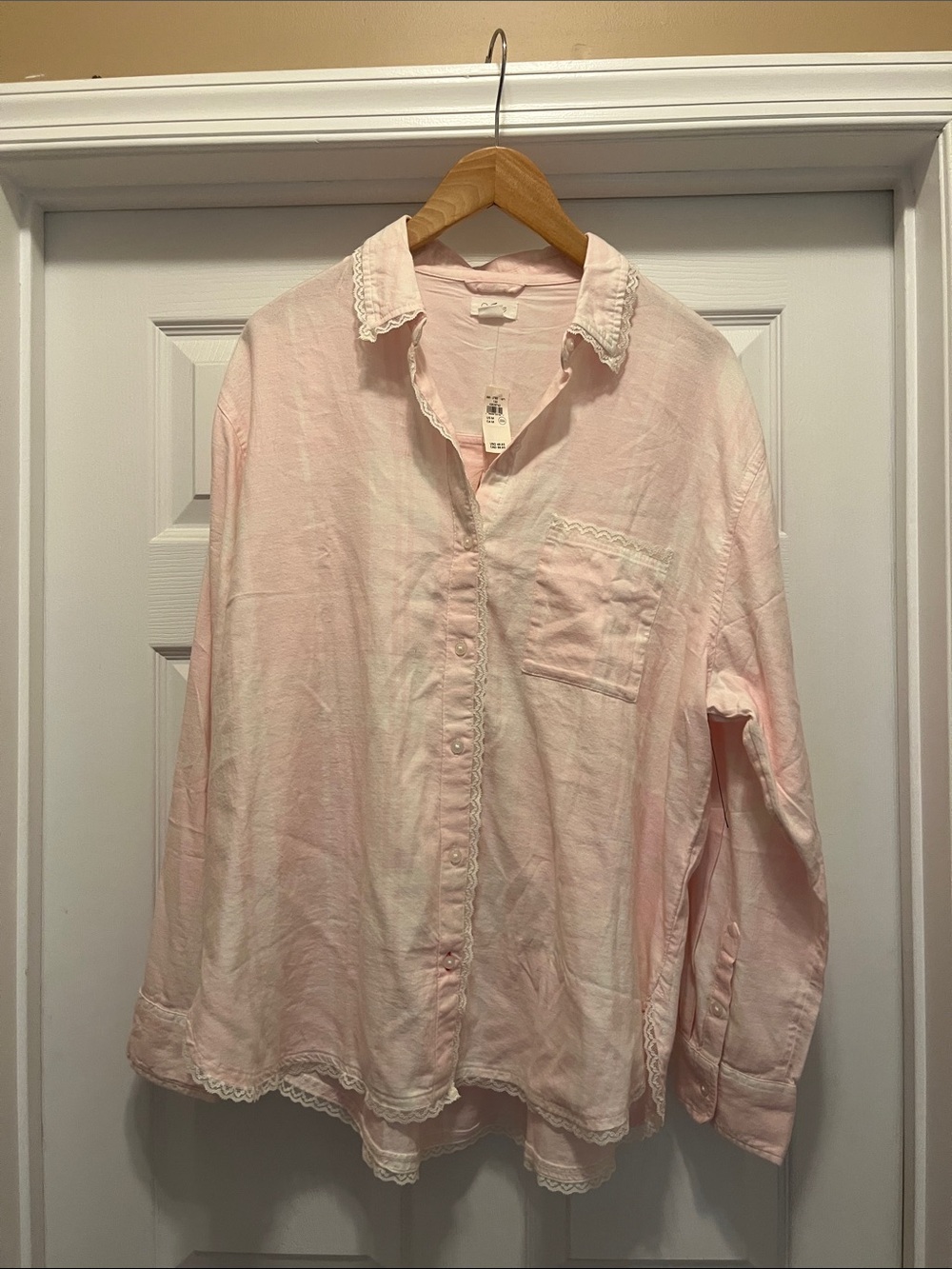 NWT Aerie Light Pink Cotton plaid Button-Up Shirt with Lace Trim